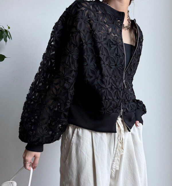  「【WEB限定】フラワーチュールジップブルゾン」|ブルゾン・スタジャン|ブラック