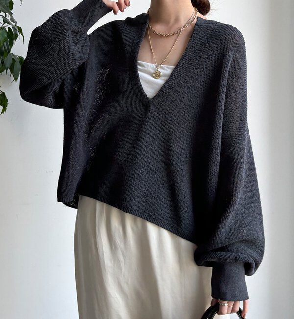  「和紙スキッパープルオーバー」|ニット・セーター|チャコールグレー