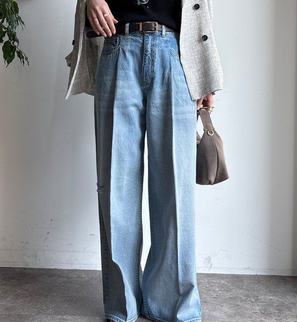  「ダメージワイドデニム」|デニム|スカイブルー