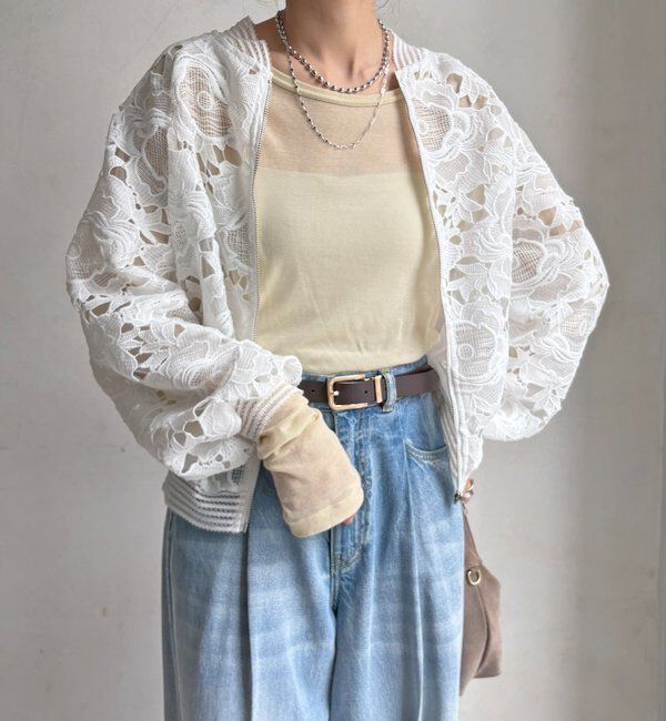  「【WEB限定】フラワーレースブルゾン」|ブルゾン・スタジャン|オフホワイト