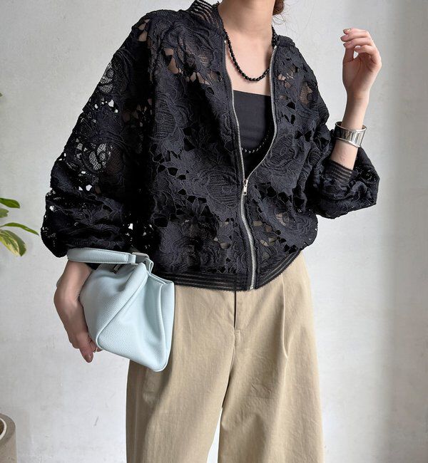  「【WEB限定】フラワーレースブルゾン」|ブルゾン・スタジャン|ブラック