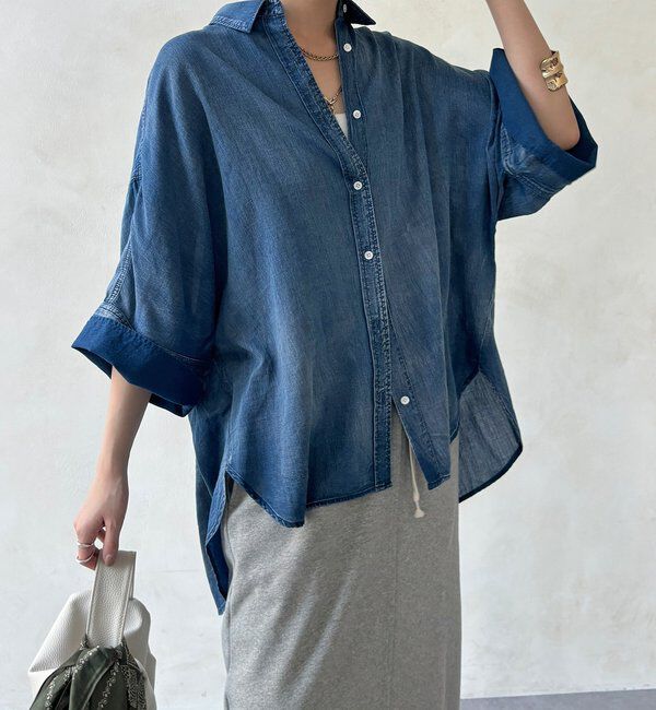  「シアーデニムビッグカフスドルマンシャツ」|シャツ・ブラウス|ネイビー