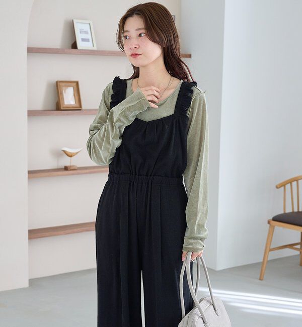  「【2サイズ展開/低身長サイズ/着丈調節可】フリルサロペット」|オールインワン|