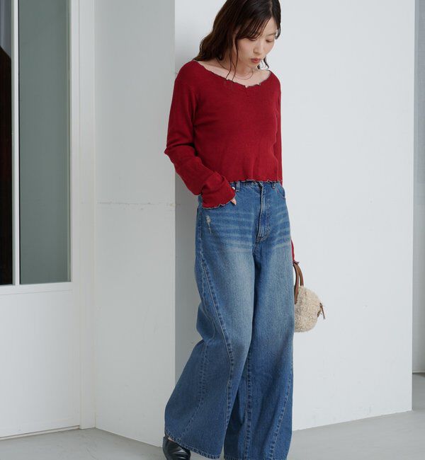  「【2サイズ展開/低身長サイズ/ウエスト調節可】カーブステッチデニム」|デニム|