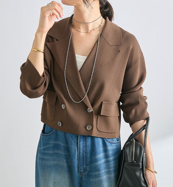  「【季節の変わり目に/接触冷感】ショートニットジャケット」|テーラードジャケット|ブラウン