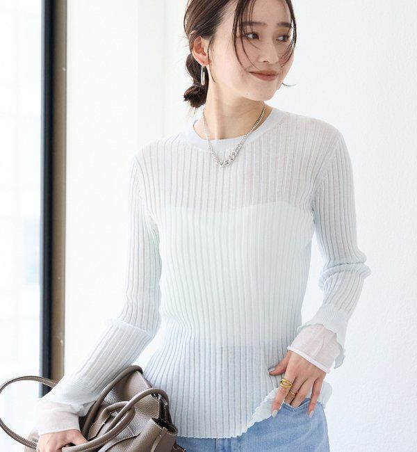  「【レイヤード風の袖口】シアーカフスリブニット」|ニット・セーター|サックスブルー