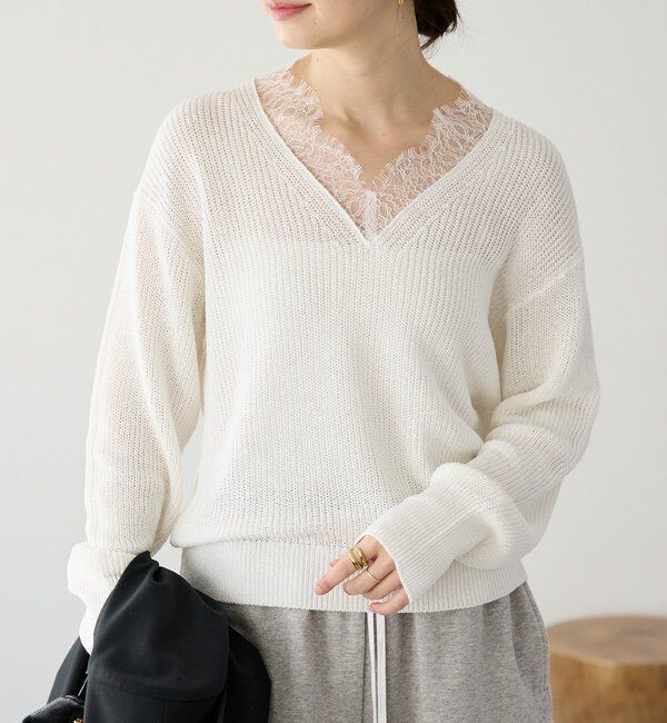  「【トレンド感抜群】ペーパーヤーンレース衿ニット」|ニット・セーター|