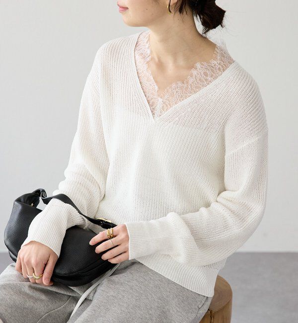  「【トレンド感抜群】ペーパーヤーンレース衿ニット」|ニット・セーター|