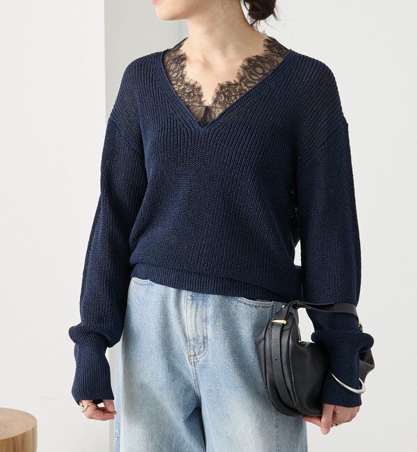  「【トレンド感抜群】ペーパーヤーンレース衿ニット」|ニット・セーター|