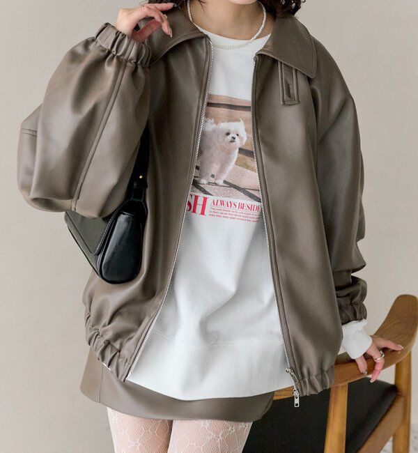  「バルーンスリーブフェイクレザーブルゾン」|ブルゾン・スタジャン|ブラウン