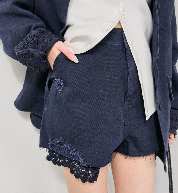  「レースポケットショートパンツ」|デニム|ネイビー