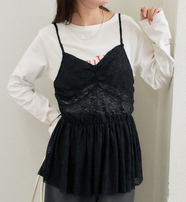  「Vギャザーレースキャミソール」|シャツ・ブラウス|ブラック