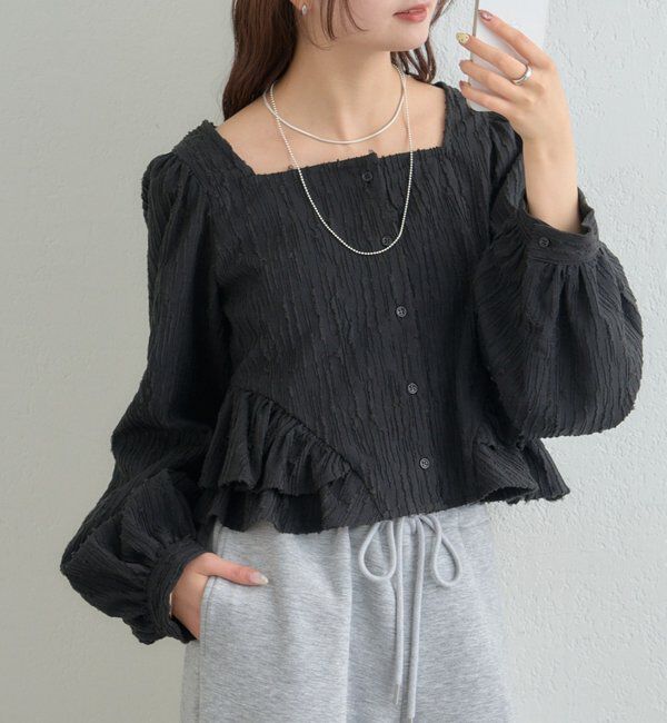  「ジャガード裾フリルブラウス」|シャツ・ブラウス|ブラック