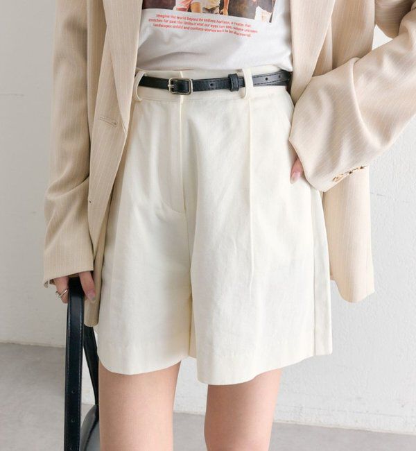  「ベルト付きタックキュロット」|キュロット|アイボリー