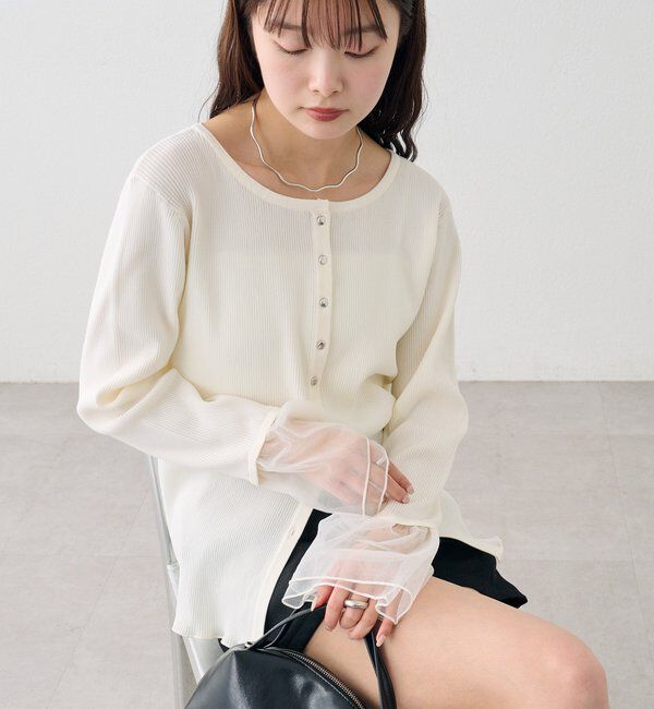  「袖チュール付きリブカーディガン」|カーディガン|