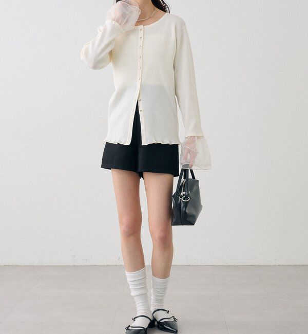  「袖チュール付きリブカーディガン」|カーディガン|