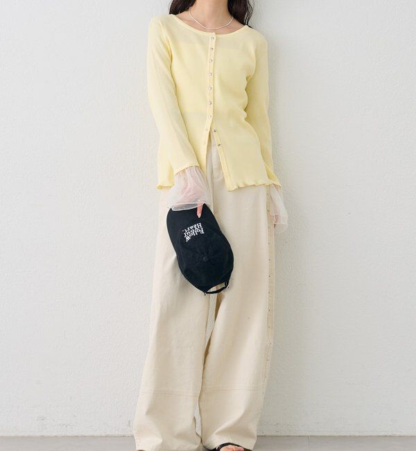  「袖チュール付きリブカーディガン」|カーディガン|