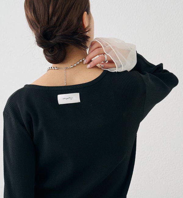  「袖チュール付きリブカーディガン」|カーディガン|