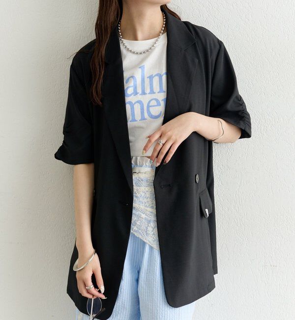  「袖口ギャザー半袖ジャケット」|テーラードジャケット|ブラック