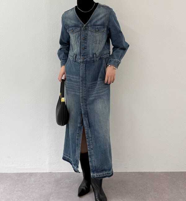 「ノーカラーデニムワンピース」|ワンピース|