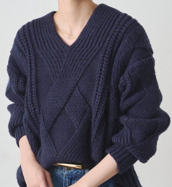  「ケーブルVニット」|ニット・セーター|ネイビー