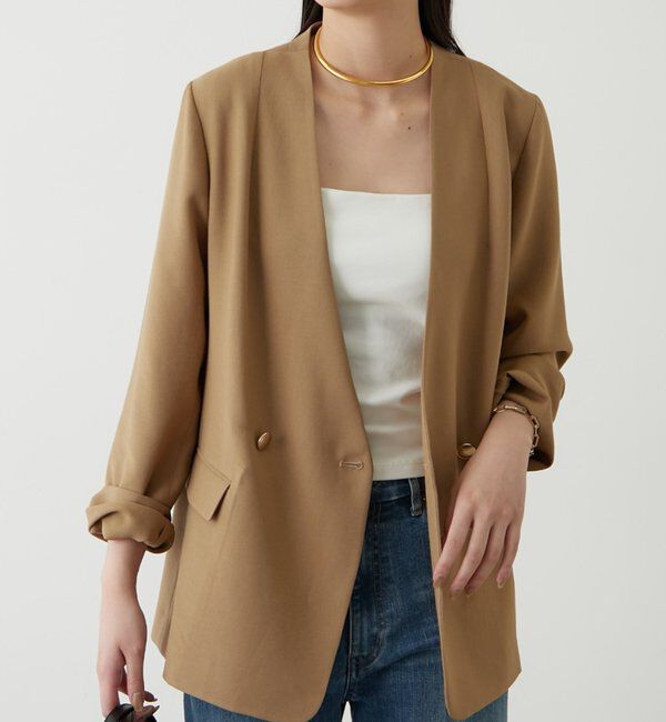  「麻調合繊ノーカラージャケット」|テーラードジャケット|