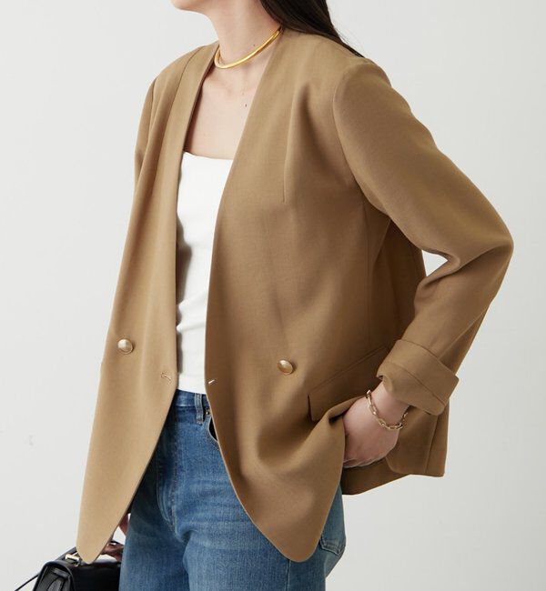  「麻調合繊ノーカラージャケット」|テーラードジャケット|
