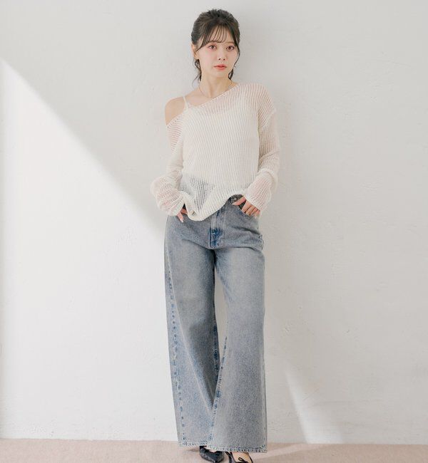  「ラインストーンロゴワイドデニムパンツ」|デニム|