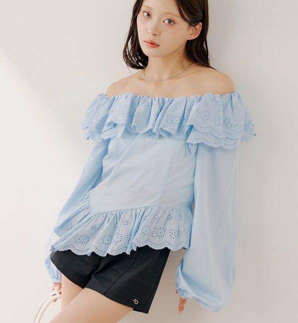  「コットンレースオフショルブラウス」|シャツ・ブラウス|ブルー