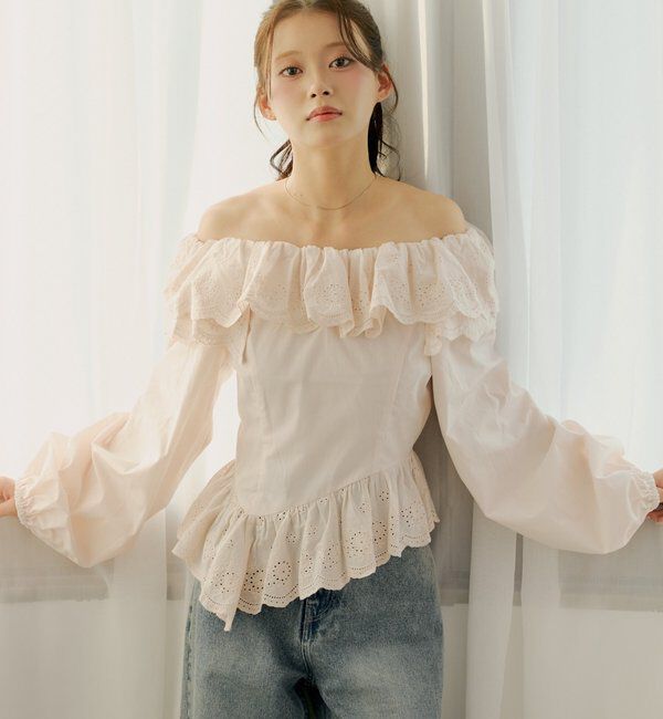  「コットンレースオフショルブラウス」|シャツ・ブラウス|ピンク