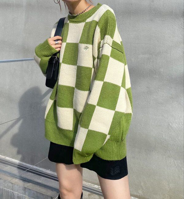  「チェッカー／ボーダー切り替えビッグニット」|ニット・セーター|ホワイト