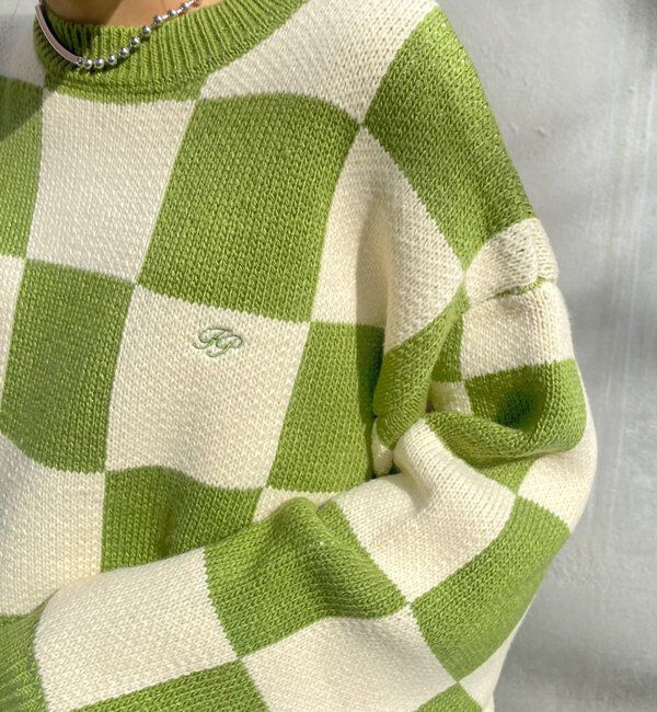  「チェッカー／ボーダー切り替えビッグニット」|ニット・セーター|