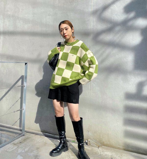 「チェッカー／ボーダー切り替えビッグニット」|ニット・セーター|