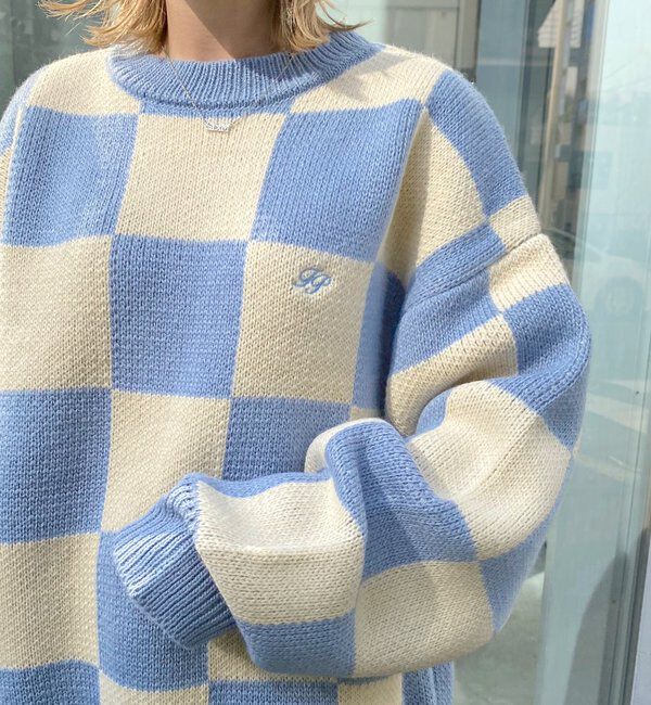  「チェッカー／ボーダー切り替えビッグニット」|ニット・セーター|