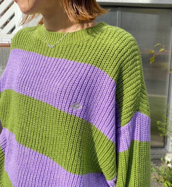  「チェッカー／ボーダー切り替えビッグニット」|ニット・セーター|