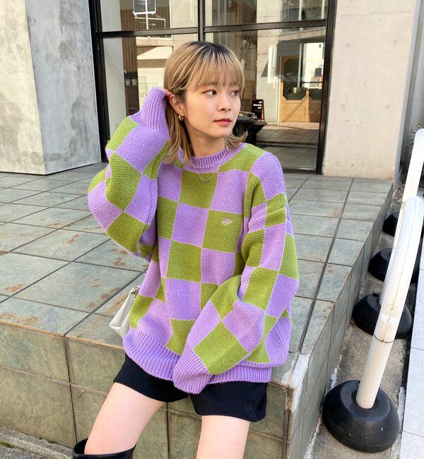  「チェッカー／ボーダー切り替えビッグニット」|ニット・セーター|