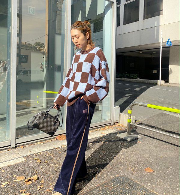  「チェッカー／ボーダー切り替えビッグニット」|ニット・セーター|