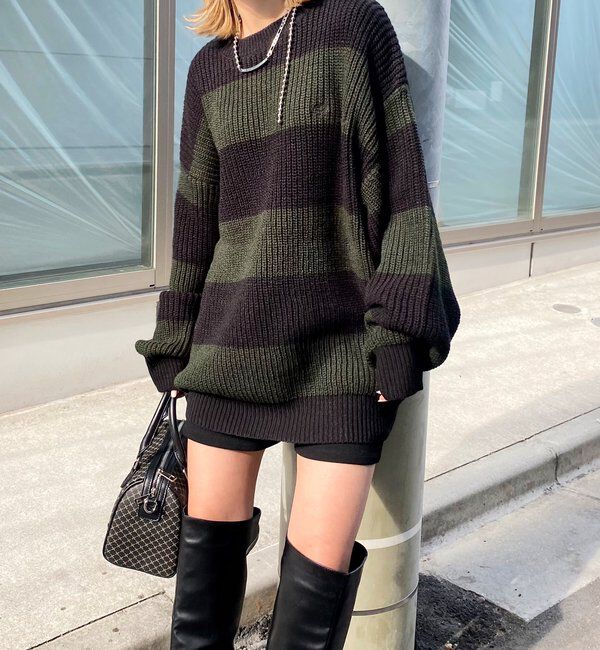  「チェッカー／ボーダー切り替えビッグニット」|ニット・セーター|ブラック