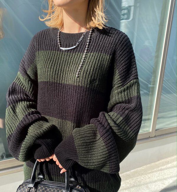  「チェッカー／ボーダー切り替えビッグニット」|ニット・セーター|