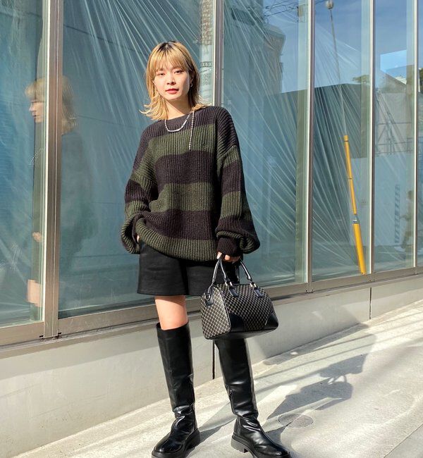  「チェッカー／ボーダー切り替えビッグニット」|ニット・セーター|