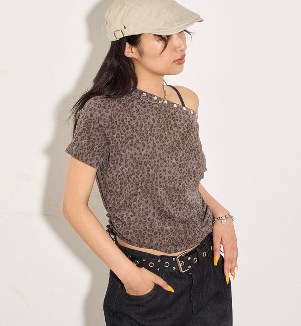  「アソート (カモ柄/ヒョウ柄)/ドット柄)スタッズドロストワンショルTEE」|Tシャツ・カットソー|