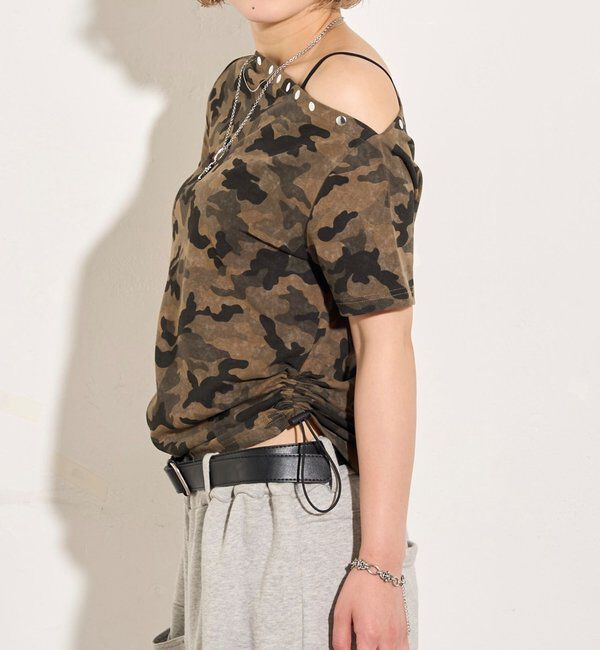  「アソート (カモ柄/ヒョウ柄)/ドット柄)スタッズドロストワンショルTEE」|Tシャツ・カットソー|