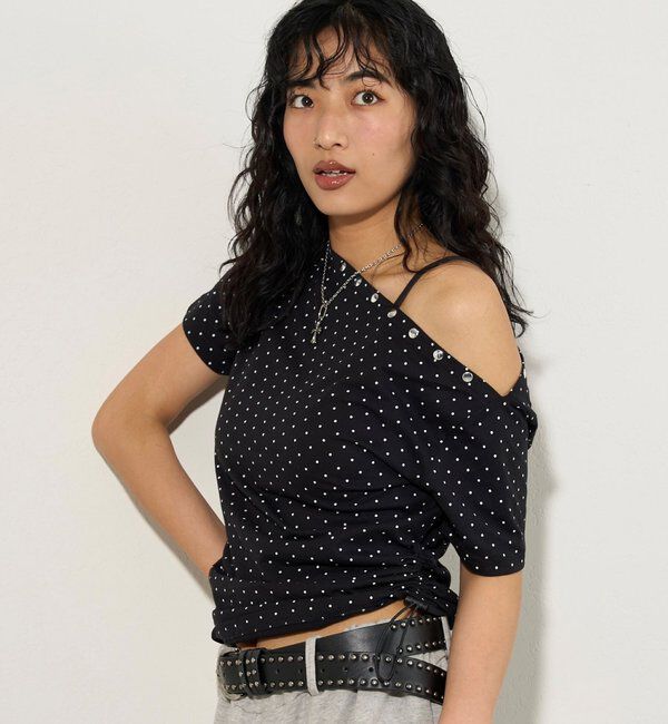  「アソート (カモ柄/ヒョウ柄)/ドット柄)スタッズドロストワンショルTEE」|Tシャツ・カットソー|