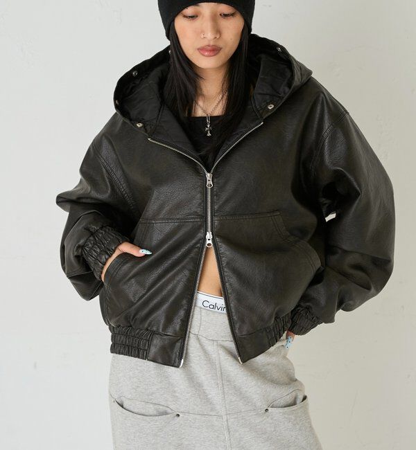 「【2way/ファー取り外し可能】ヴィンテージライクレザーファーフードブルゾン」|ブルゾン・スタジャン|