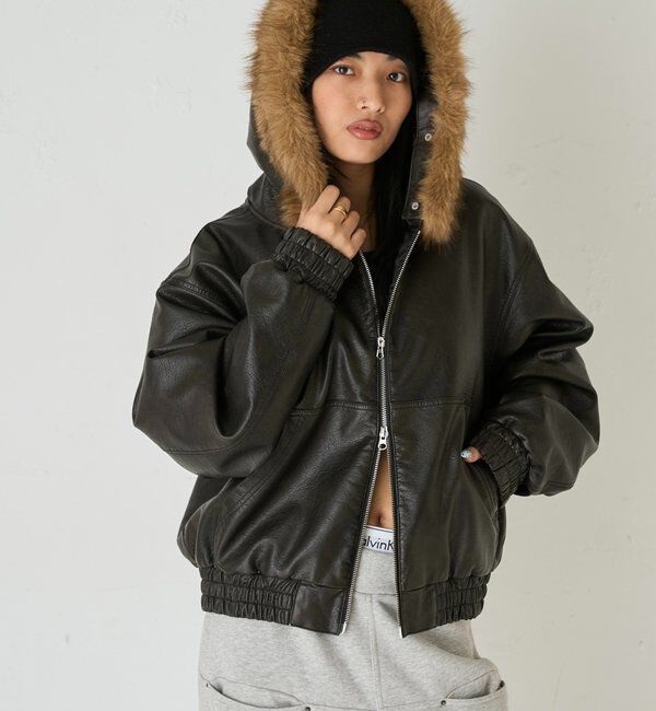  「【2way/ファー取り外し可能】ヴィンテージライクレザーファーフードブルゾン」|ブルゾン・スタジャン|