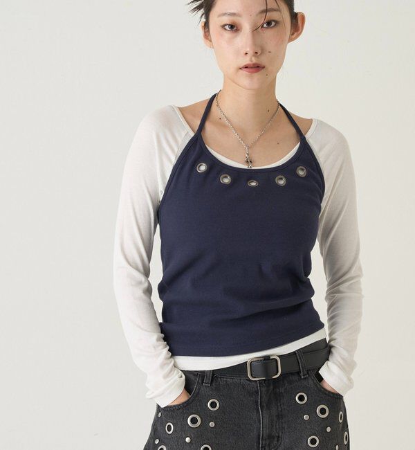  「アイレットホルターレイヤードトップス(無地/ボーダー/ドット)」|Tシャツ・カットソー|ネイビー