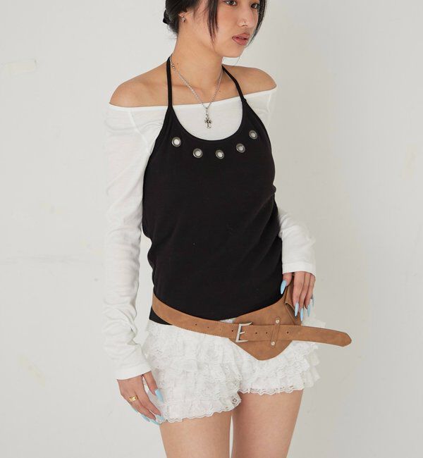  「アイレットホルターレイヤードトップス(無地/ボーダー/ドット)」|Tシャツ・カットソー|