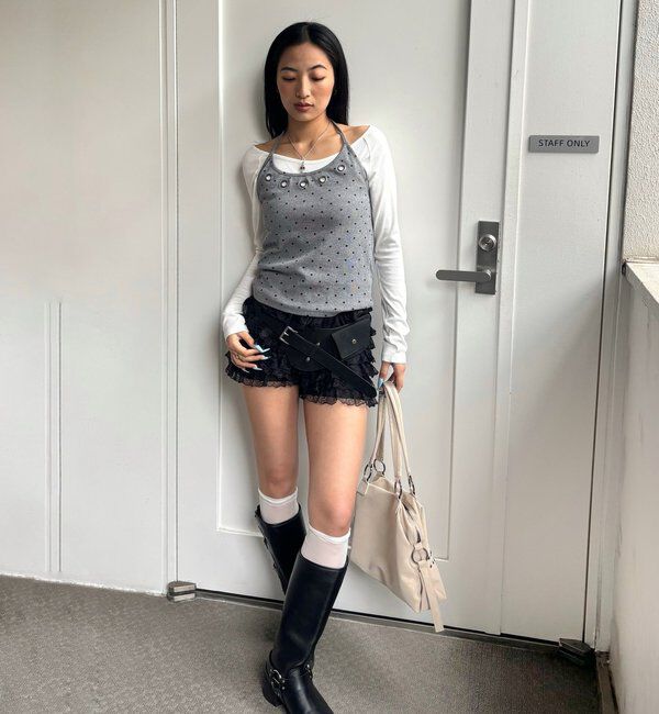  「アイレットホルターレイヤードトップス(無地/ボーダー/ドット)」|Tシャツ・カットソー|