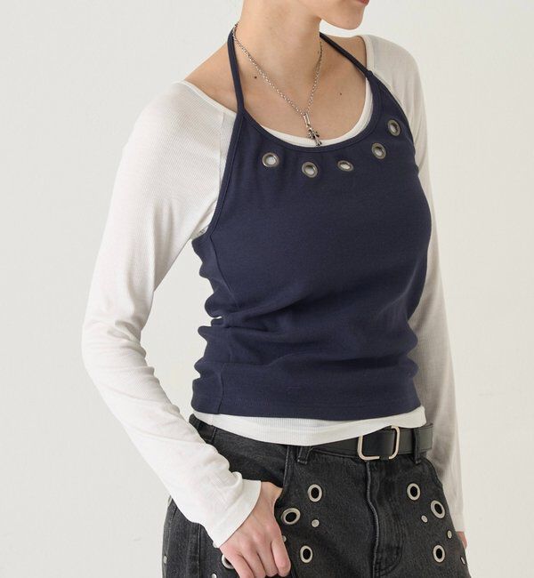  「アイレットホルターレイヤードトップス(無地/ボーダー/ドット)」|Tシャツ・カットソー|
