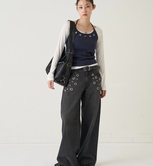  「アイレットホルターレイヤードトップス(無地/ボーダー/ドット)」|Tシャツ・カットソー|